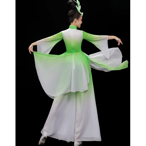Blue green red gradient Classical Chinese Folk dance costume female elegant fan umbrella fairy dance dresses yangko stage performance qipao dresses
